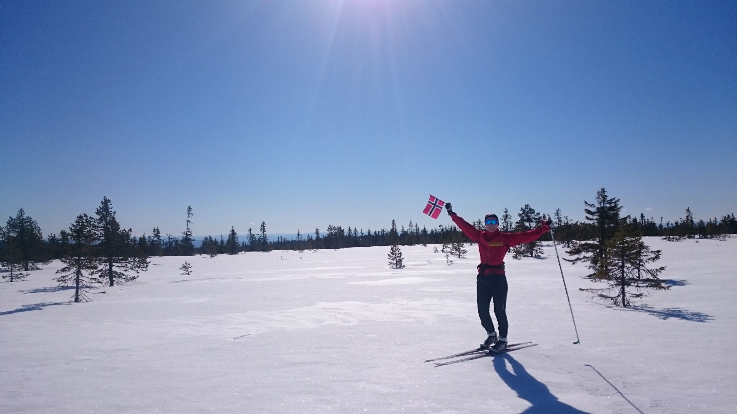 dame med norsk flagg i hånda på skare. sol og blå himmel