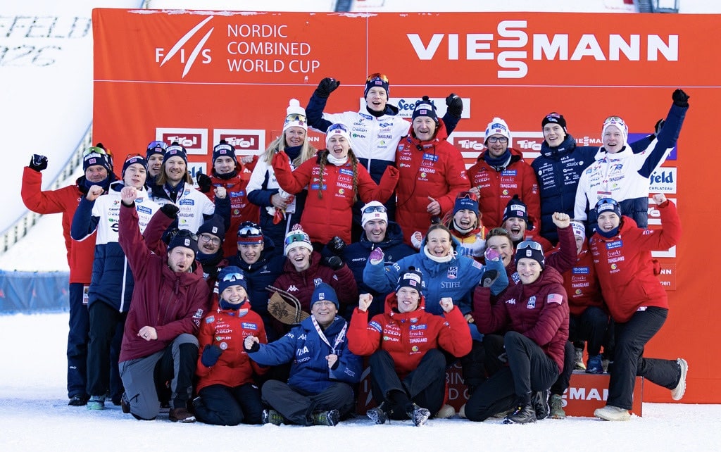 Kombinertlandslaget jubler etter sterk prestasjon under World Cup-trippelen i Seefeld 30. jan - 1. feb 2026.
