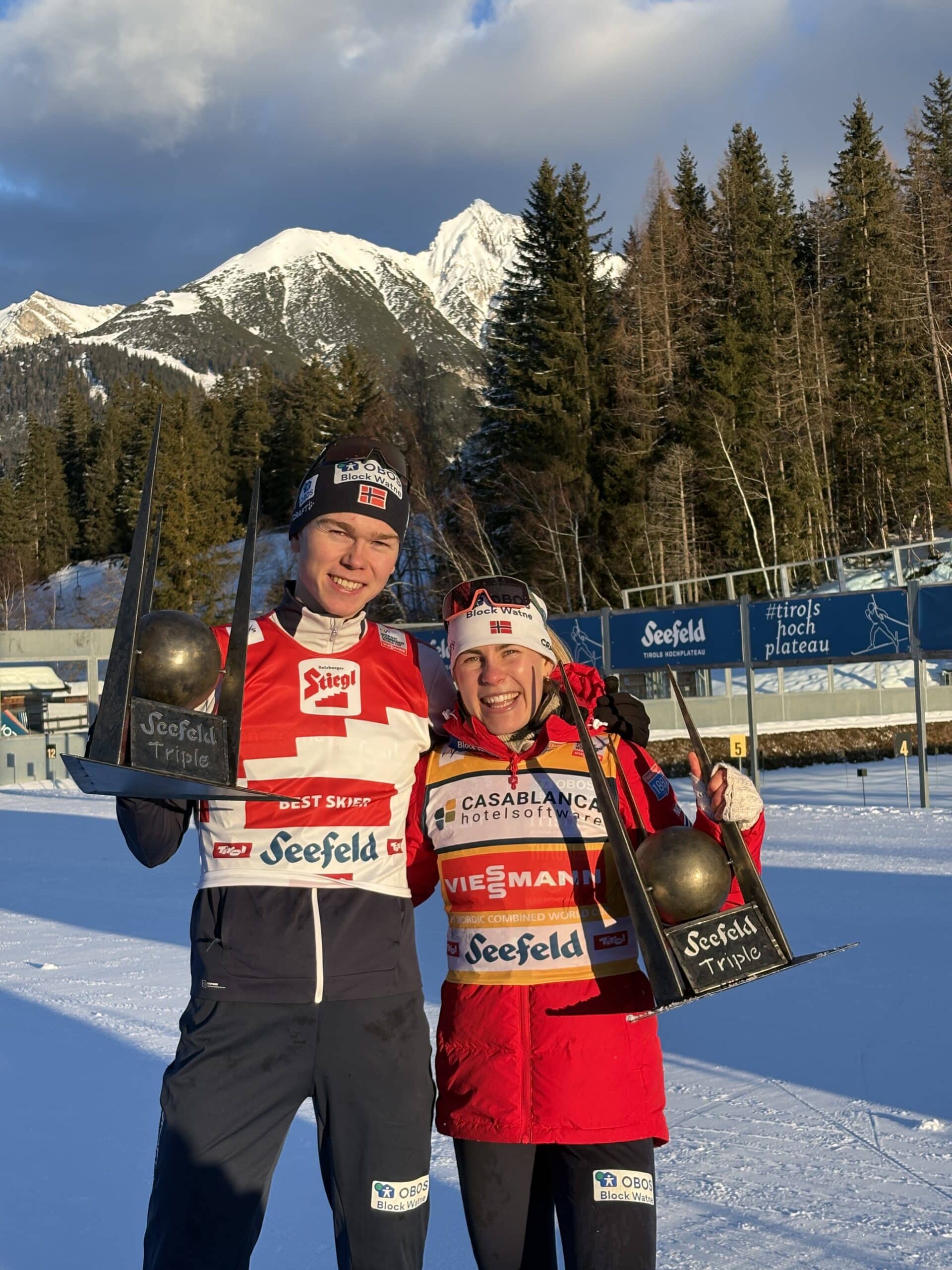 OL-vinner Jens Lurås Oftebro sammen med sammenlagtvinner i verdenscupen for andre året på rad, Ida Maria Hagen. Foto: Ida Stuan